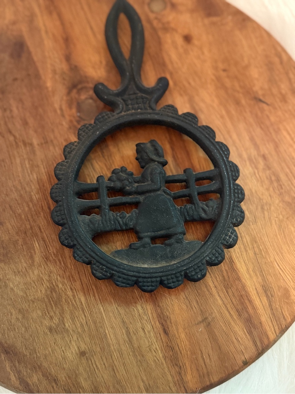Decorative Black Cast Iron Trivet with Girl Motif - Unbranded